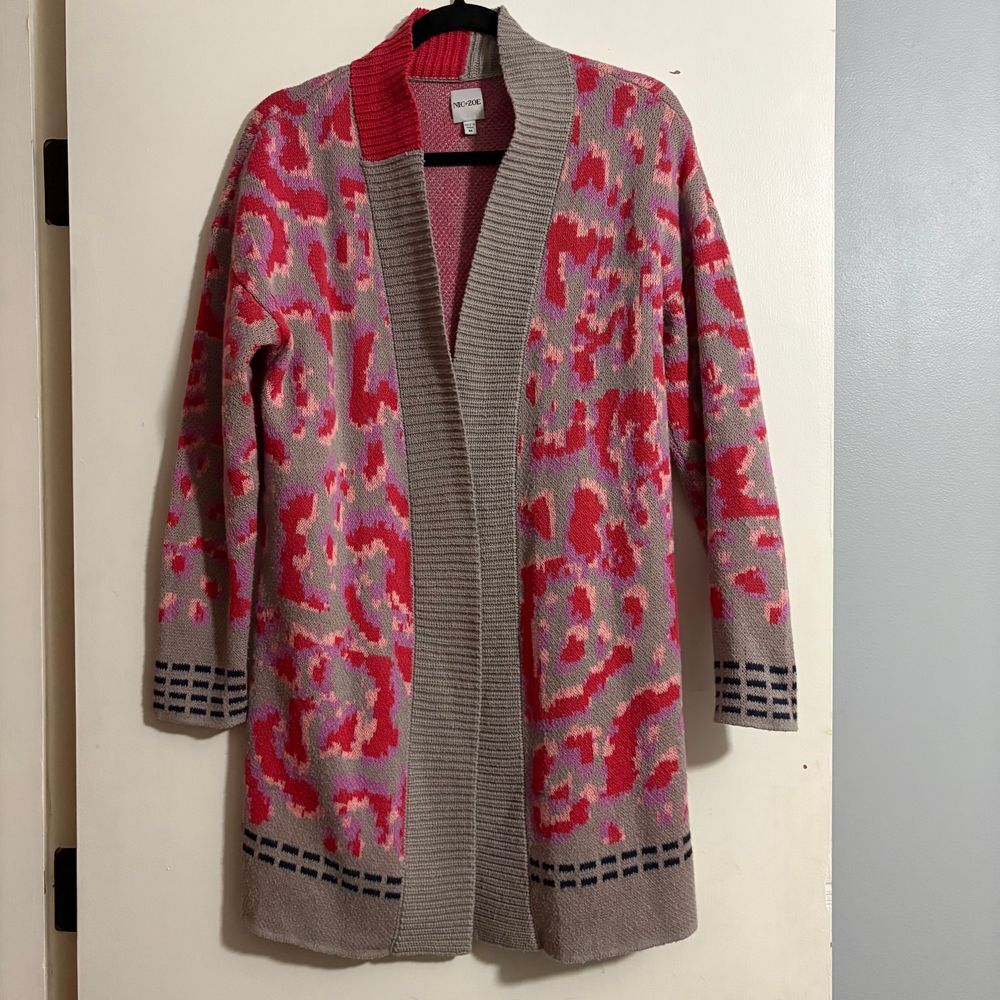 NIC+ZOE Color‎ Splash Long Cardigan Sz M Beige Red Pink Leopard